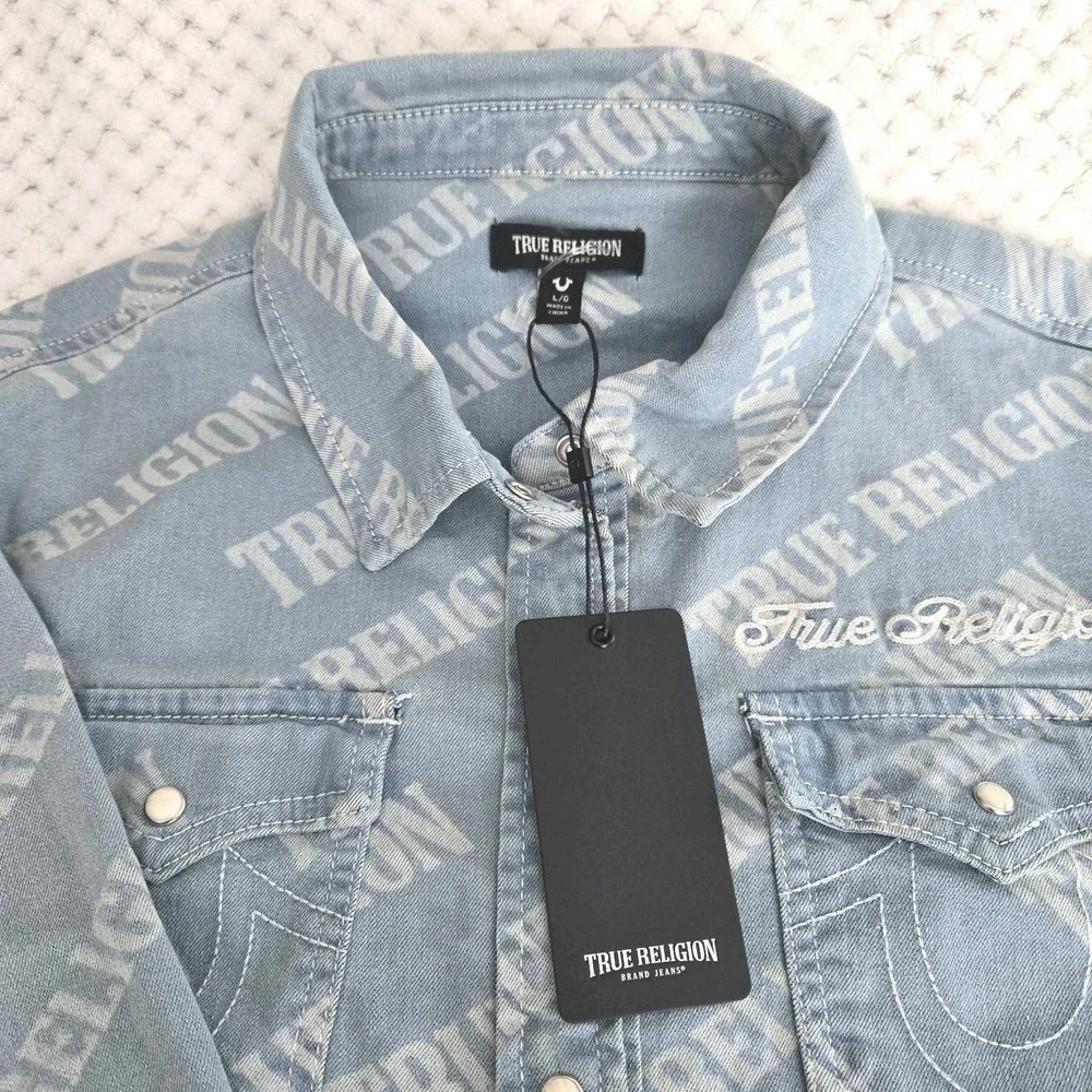 True Religion Georgia Denim Shirt Men's Sz Large Western Cowboy Pearl Snap‎